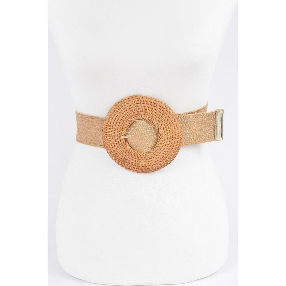 Woven Rattan Circle Buckle Elastic Stretch Belt Tan Gold‎ Metallic Accent Women